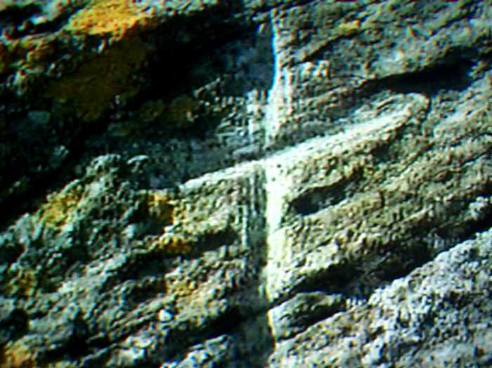 Kit Carson's cross carved in the rocks of Freemont Island.